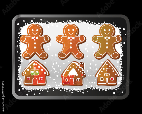 Freshly Baked Gingerbread Men Cookies and Little Iced Gingerbread Houses on a Baking Sheet Ready to Eat - Vector Illustration