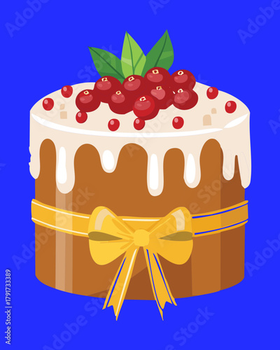 Festive Christmas Layer Cake with White Icing, Drizzled Glaze, Red Berries, and a Golden Bow - Vector Illustration