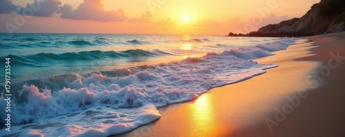 Tranquil ocean waves gently lapping the sandy shore at sunrise, creating a serene and peaceful coastal scene Perfect for travel, nature, or relaxation themes , sunrise, background, picturesque