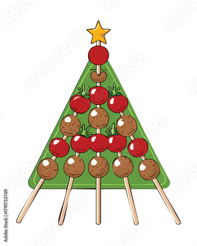 Christmas Tree Shaped Stack of Savory Meatball or Caprese Skewers Garnished with Red Berries - Vector Illustration