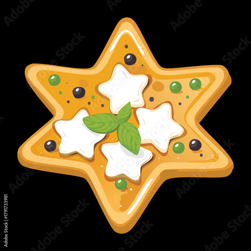 Star-Shaped Festive Focaccia Bread Topped with Cream Cheese, Herbs, and Olives for a Holiday Appetizer - Vector Illustration