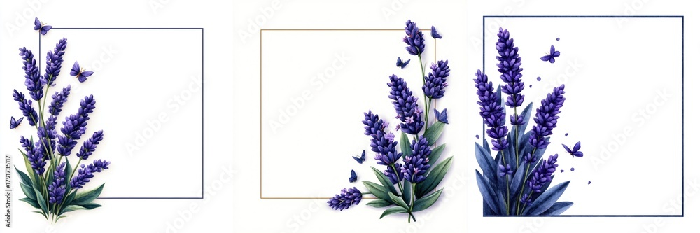 Naklejka premium Elegant Lavender Floral Frames with Purple Butterflies Set