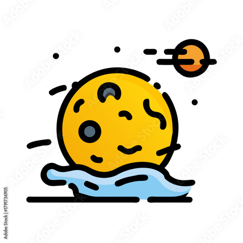 Cartoon Mars planet with moon and stylized water in space