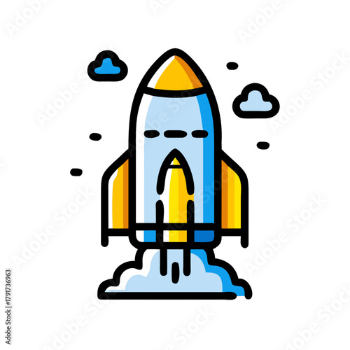 Cartoon Rocket Ship Taking Off With Smoke and Clouds