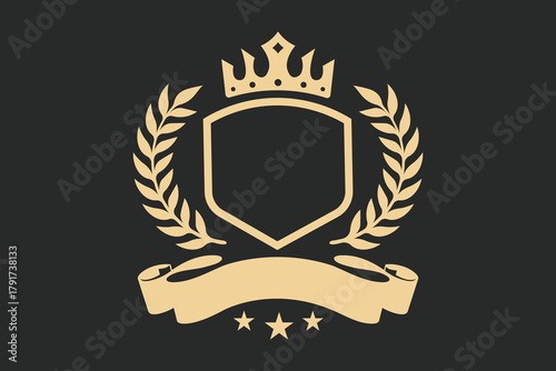 Vintage heraldic shield and crown with laurel wreath and ribbon.