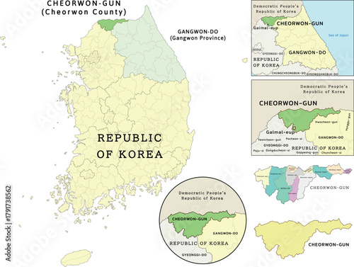 Cheorwon-gun (Cheorwon County) location on Gangwon-do (Gangwon Province) and Republic of Korea (South Korea) map. Vectored