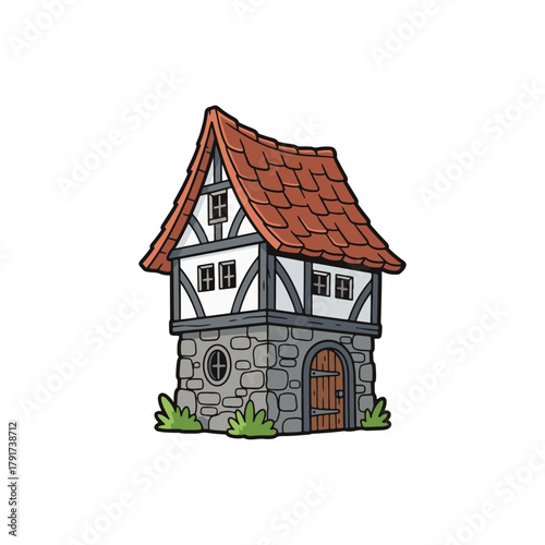 Charming medieval fantasy house illustration. Stone base, timber frame, red tile roof, perfect for village or game assets.