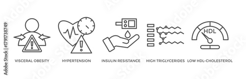 Symptoms of Metabolic Syndrome banner web icon vector illustration concept with an icon of Hypertension, Insulin Resistance, High Triglycerides, Low HDL-Cholesterol, Visceral Obesity