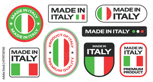 Made in italy text stickers, emblems, badges, and logos collection for product.
