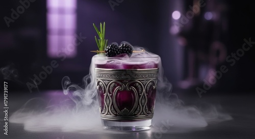 Elegant Purple Cocktail with Smoke and Berries