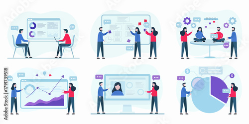  illustration set showing business professionals collaborating on analytics, strategy, project planning. four color variations.