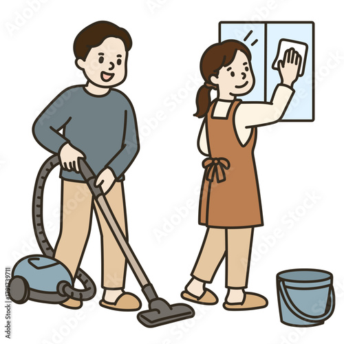 掃除をする男女のイラスト