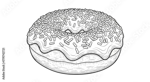 A detailed line drawing of a donut with icing and sprinkles, isolated on a white background.