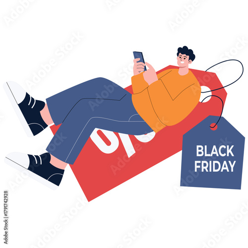 Black Friday Illustration. Vector illustration of Man relaxes on a giant price tag while browsing phone, representing mobile Black Friday discounts. Isolated on background
