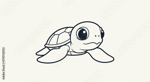 Cartoon illustration of a baby sea turtle with large eyes and detailed shell, isolated on a plain background.