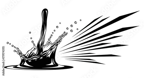 Black and white illustration of a liquid splash with droplets and radiating lines, suggesting movement and impact.