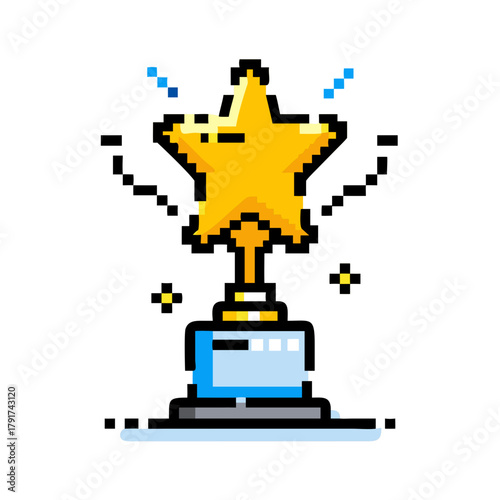 Pixel art trophy with star icon on a black background
