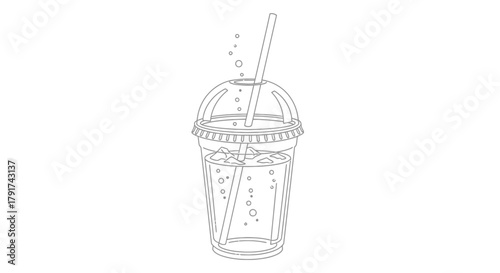 Outline drawing of a plastic cup filled with a drink, ice, and a straw, topped with a domed lid.
