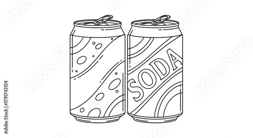 Two soda cans are depicted in a black and white line drawing.