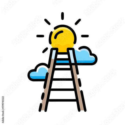 Ladder reaching upward with glowing sun and clouds in cartoon style