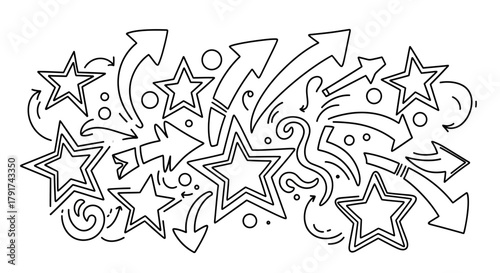 A black and white doodle illustration featuring stars, arrows, swirls, and circles in a chaotic yet organized arrangement.