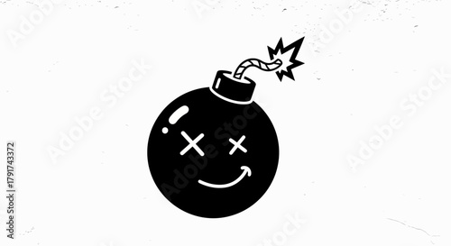 Cartoon bomb with a lit fuse and a smiling face with X's for eyes, on a white background.