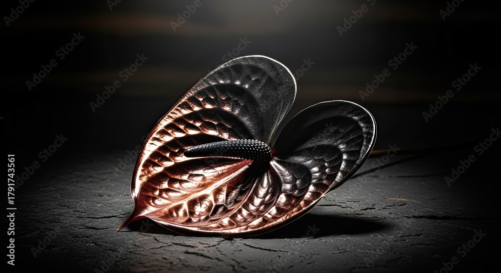 Fototapeta premium Elegant Anthurium Flower in Dark and Gold Tones Under Dramatic Lighting Arrangement