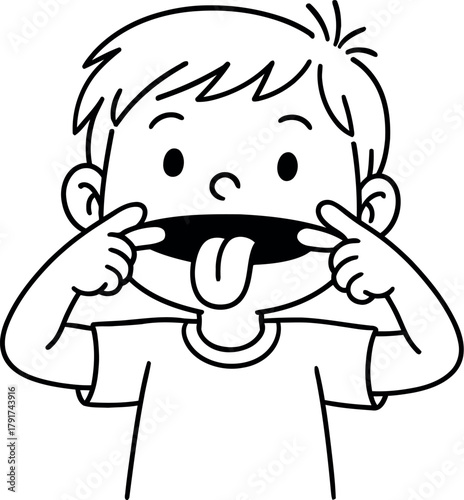 Cartoon boy sticking out tongue and pulling cheeks playfully