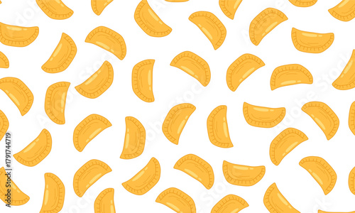 Empanada Seamless Pattern. Empanada seamless pattern background. Traditional Latin American and spanish fast food. Perfect for restaurant branding, menu design, packaging, textile prints, wallpaper