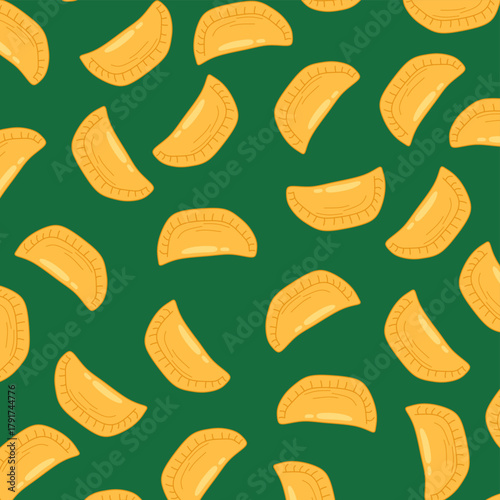 Empanada Seamless Pattern. Empanada seamless pattern background. Traditional Latin American and spanish fast food. Perfect for restaurant branding, menu design, packaging, textile prints, wallpaper