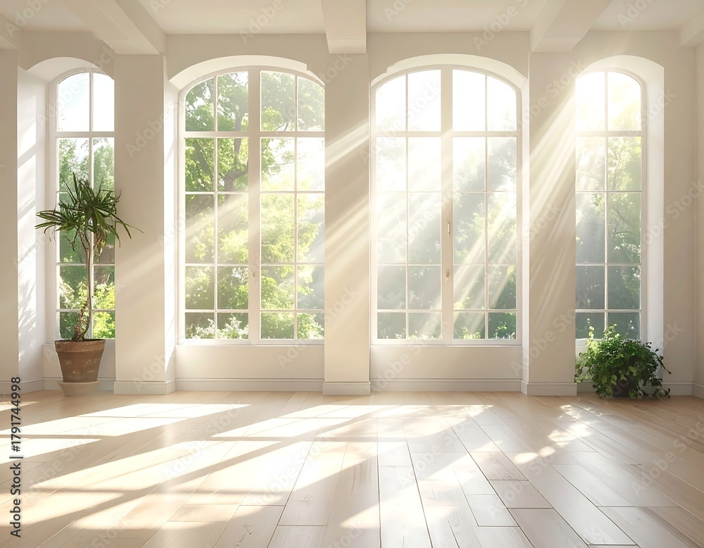 Obraz premium A sunlit interior showcases large arched windows, streaming light across a wooden floor. Plants adorn the space, enhancing the bright, airy atmosphere