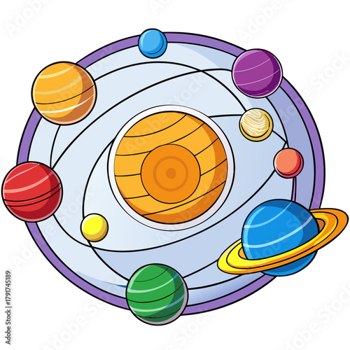 Cartoon solar system diagram with planets and orbit paths