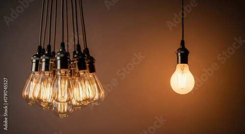 Group lightbulb hanging glowing filament vintage warm illumination electricity interior design create cozy atmosphere with cluster of vintage filament bulbs and single glowing bulb evoking warmth