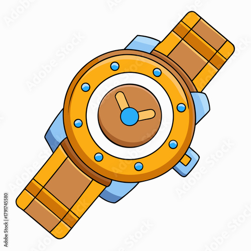 Cartoon wristwatch with gold analog face and brown strap