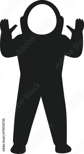 Black silhouette of an astronaut with arms raised and hands open