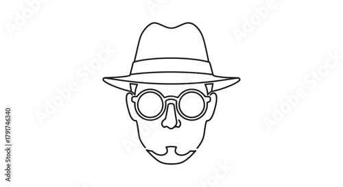 Line drawing of a man with glasses, hat, and goatee.