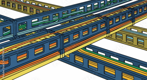 A detailed illustration of an organized industrial cable management system with colorful wires.
