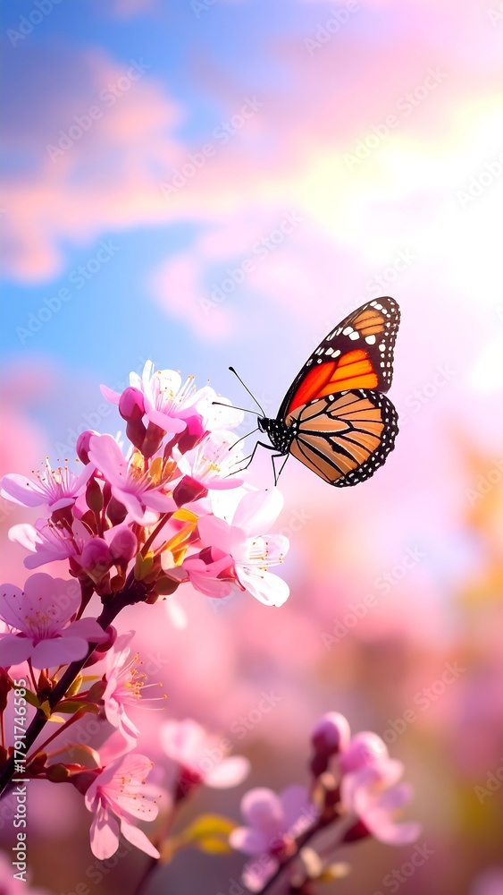 Naklejka premium A vibrant butterfly with orange and black wings perches on pink blossoms against a soft, sunlit sky