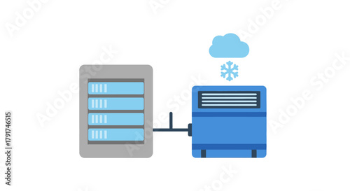 Illustration of a server rack connected to a dedicated air conditioning unit for data center climate control.