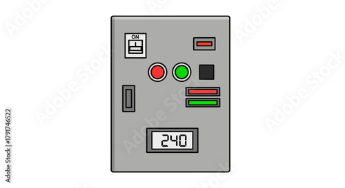 A detailed illustration of a control panel with various indicators and a digital display.