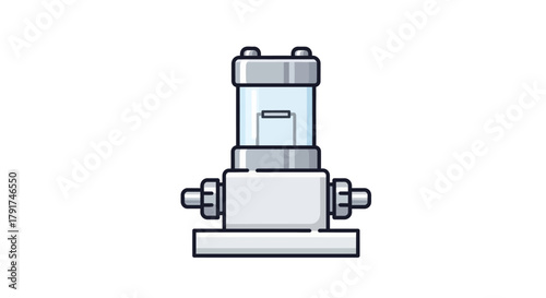 Illustration of a detailed, technical, industrial device with a transparent glass component.