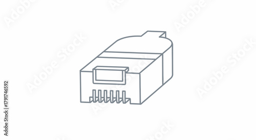 A line drawing illustration of an RJ45 connector, commonly used for Ethernet cables.