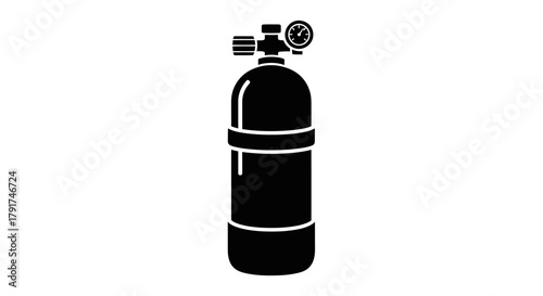 A black silhouette of a scuba diving tank with a pressure gauge on top, isolated on a white background.
