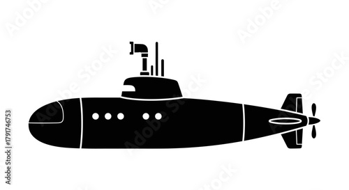 Silhouette of a submarine, showcasing its hull, conning tower, and propeller, against a white background.