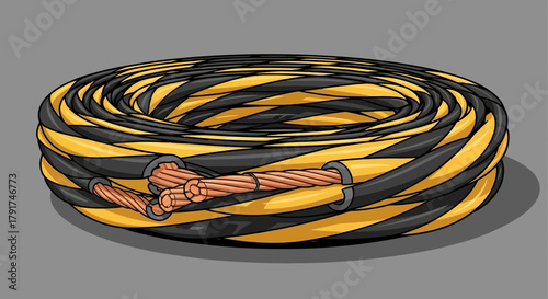 A coiled electrical power cable with black and yellow striped insulation, showing the exposed copper wire conductors.