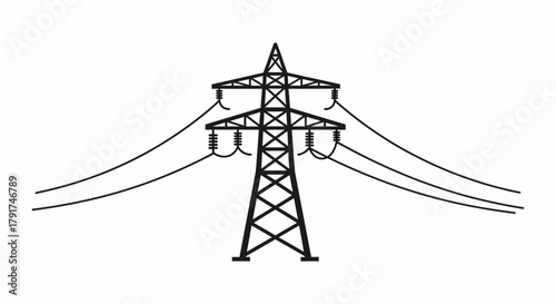 A black and white graphic illustration of an electricity pylon with power lines.