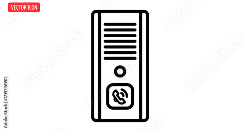 A simple black and white line drawing of a vertical intercom device with a speaker grille and a call button.