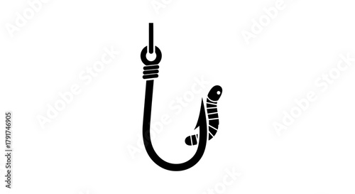 Black and white illustration of a fishing hook with a worm attached, ready to catch fish.