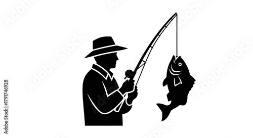 Silhouette of a person fishing, holding a rod, with a fish caught on the hook, in black and white.