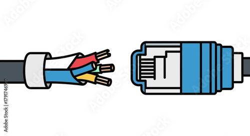 Illustration of an ethernet cable with exposed wires and connector.